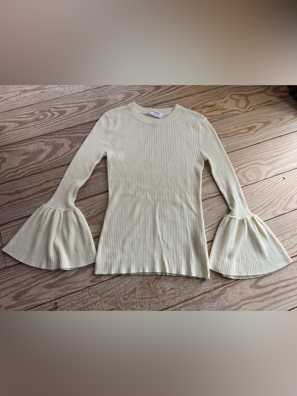 FRAME Off-White Ribbed Knit Bell Sleeve Sweater Size XS